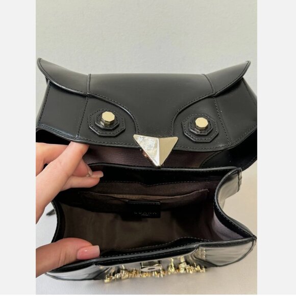 LUANA Italy Minerva Black Leather Studded Tassel Witch Wise Owl Crossbody Bag - Picture 6 of 9